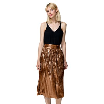 Gold Metallic Pleated Midi Skirt with Clever Lining